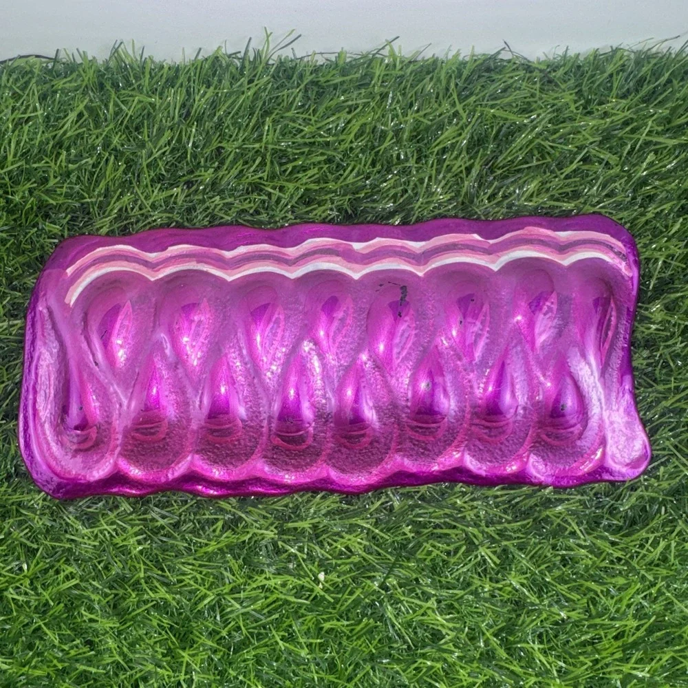 Fused Art Glass Ribbon Candy Tray Blue Magenta Silver Christmas Candy Dish Set